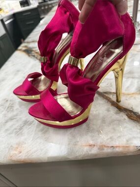 Bakers Hot Pink Satin Platform Heels with Gold Metallic Accents